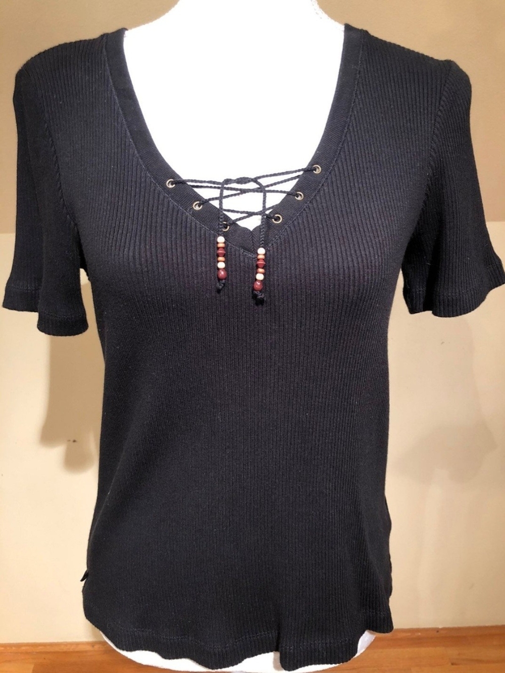 Ralph Lauren Black Cotton Ribbed Lace-Up Short Sleeve Top